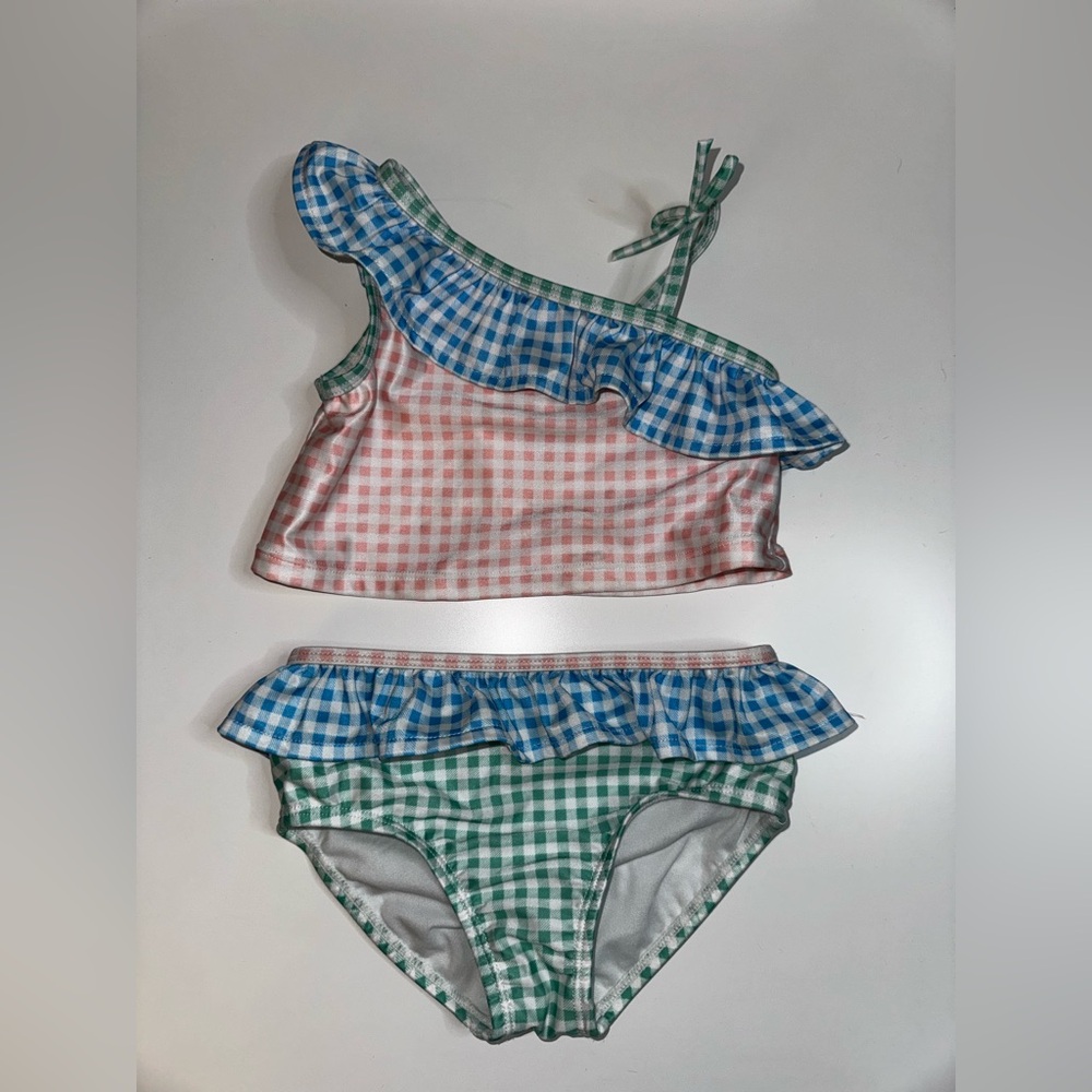 Gingham Ruffle 2T girls Two-Piece Swim Set - Blue, Green, Pink